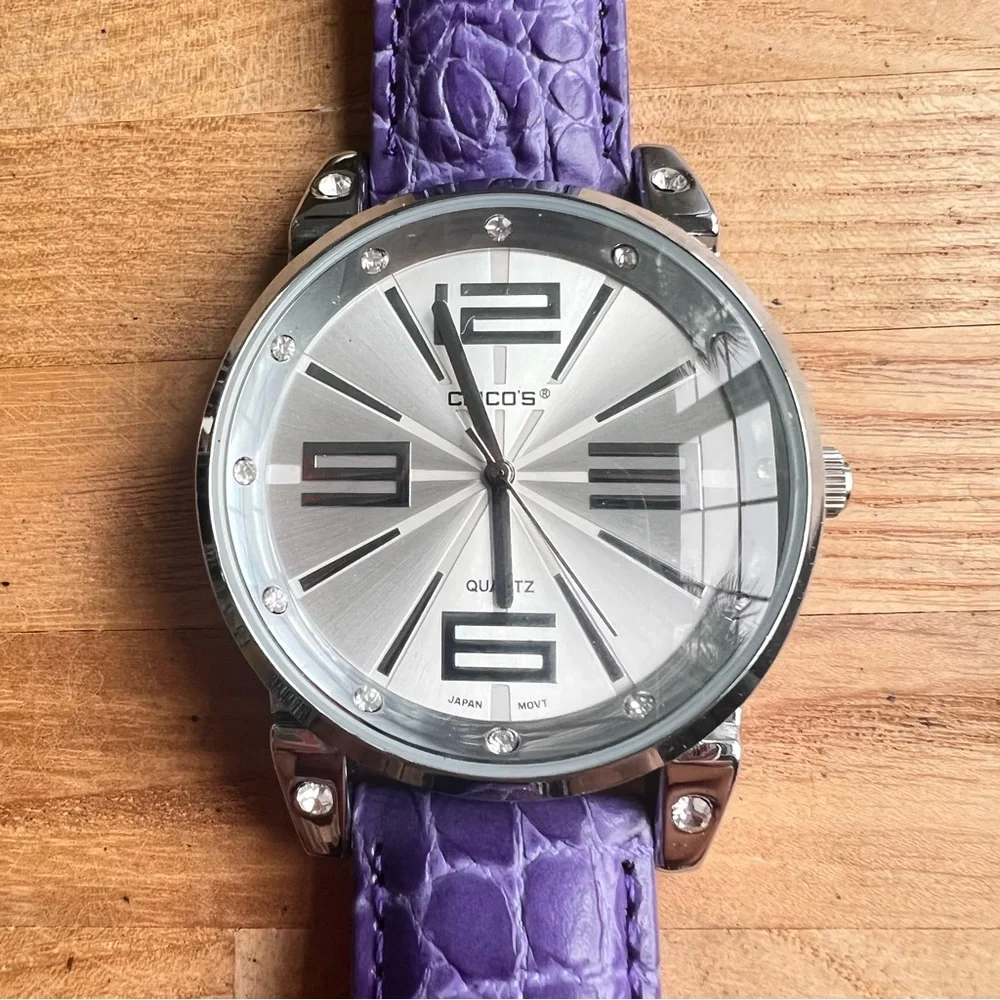Chicos ladies silver tone purple leather fashion watch NEW BATTERY